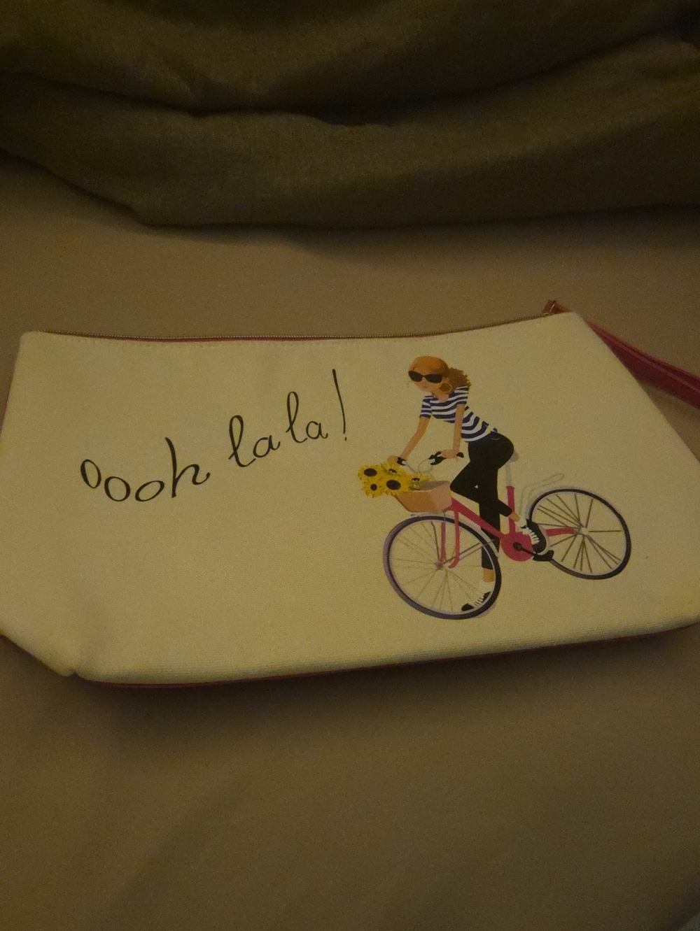 Lancomb Oooh La La! Girl on Bicycle Canvas Cosmetic Bag - White/Pink